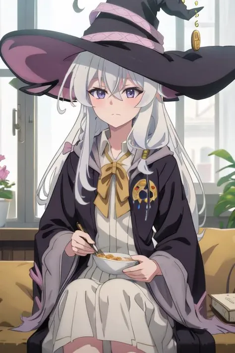best quality, masterpiece, highres, solo, {elaina_majonotabitabi:1.15}, long_hair, bangs, hair_between_eyes, blue_eyes, closed_mouth, grey_hair, bow, white_hair, hat, witch_hat, black_headwear, purple_eyes
