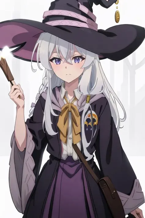 best quality, masterpiece, highres, solo, {elaina_majonotabitabi:1.15}, long_hair, bangs, hair_between_eyes, blue_eyes, closed_mouth, grey_hair, bow, white_hair, hat, witch_hat, black_headwear, purple_eyes, 1girl, collared_shirt, ribbon, robe, shirt, white_shirt, witch, upper_body, yellow_ribbon, black_robe, neck_ribbon, open_clothes, braid