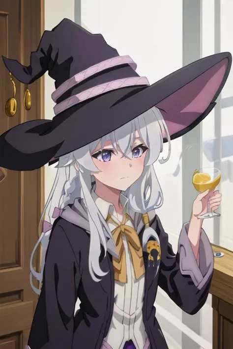 best quality, masterpiece, highres, solo, {elaina_majonotabitabi:1.15}, long_hair, bangs, hair_between_eyes, blue_eyes, closed_mouth, grey_hair, bow, white_hair, hat, witch_hat, black_headwear, purple_eyes, 1girl, ahoge, blush, collared_shirt, ribbon, shirt, upper_body, white_shirt, yellow_ribbon, brooch, open_clothes, braid, looking_at_viewer, neck_ribbon, yellow_bow, bowtie, single_braid