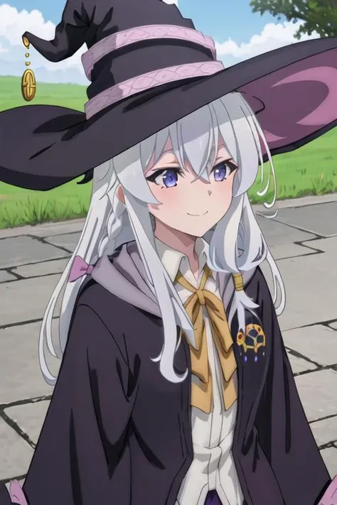 best quality, masterpiece, highres, solo, {elaina_majonotabitabi:1.15}, long_hair, bangs, hair_between_eyes, blue_eyes, closed_mouth, grey_hair, bow, white_hair, hat, witch_hat, black_headwear, purple_eyes, 1girl, blue_sky, cloud, collared_shirt, day, shirt, sky, white_shirt, outdoors, robe, ribbon, upper_body, open_clothes, yellow_ribbon, witch, brooch, smile, black_robe