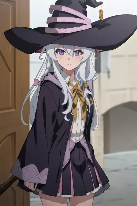 best quality, masterpiece, highres, solo, {elaina_majonotabitabi:1.15}, long_hair, bangs, hair_between_eyes, blue_eyes, closed_mouth, grey_hair, bow, white_hair, hat, witch_hat, black_headwear, purple_eyes, 1girl, blurry, blurry_background, close-up, looking_at_viewer, portrait, parody, anime_coloring