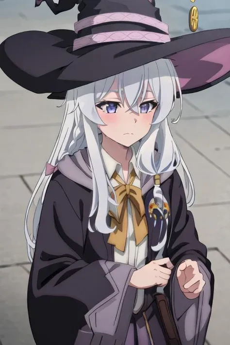 best quality, masterpiece, highres, solo, {elaina_majonotabitabi:1.15}, long_hair, bangs, hair_between_eyes, blue_eyes, closed_mouth, grey_hair, bow, white_hair, hat, witch_hat, black_headwear, purple_eyes, 1girl, anime_coloring, blurry, collared_shirt, parody, portrait, shirt, blurry_background, blush, close-up