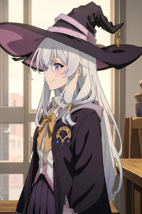 best quality, masterpiece, highres, solo, {elaina_majonotabitabi:1.15}, long_hair, bangs, hair_between_eyes, blue_eyes, closed_mouth, grey_hair, bow, white_hair, hat, witch_hat, black_headwear, purple_eyes, 1girl, dirty, profile, smile, dirty_face, from_side