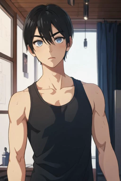 Anime style, Highres, Masterpiece, Best quality at best,Best Quality,hight quality, hight detailed, sarada, 1boy, Young boy, handsome, black hair, Tank top, Shorts, Slim body, Body, Short body, undercut hair, perfect face, detailed eyes and face, gold eyes, shy expression, clean shaved, muscular, capturing a rural atmosphere, dynamic lighting