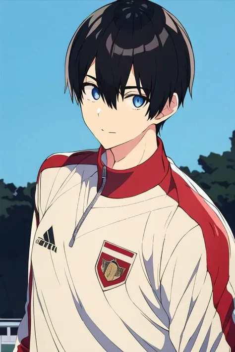 masterpiece, best quality, high quality, 1boy, solo, male focus, looking at viewer, upper body, <lora:nagi_umino:0.52>, nagi_umino, black hair, blue eyes, hair between eyes, , track suit