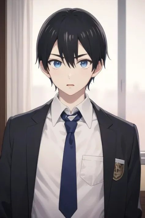 masterpiece, best quality, high quality, 1boy, solo, male focus, looking at viewer, upper body, <lora:nagi_umino:0.72>, nagi_umino, black hair, blue eyes, hair between eyes, , school uniform