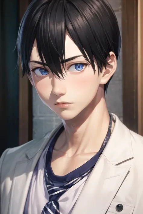 masterpiece, best quality, high quality, 1boy, solo, male focus, looking at viewer, upper body, <lora:nagi_umino:0.70>, nagi_umino, black hair, blue eyes, hair between eyes, realistic,