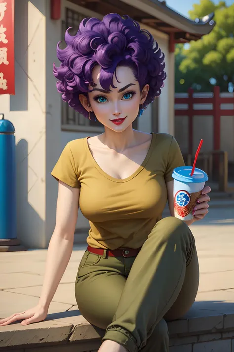 masterpiece, best quality, highest quality, perfect anatomy, perfect face, perfect eyes, (8k, best quality, masterpiece:1.2), outdoors, chinese tournament temple, sitting, eating ice cream,
<lora:ranfandargonball_smf_lora_02:0.8>, rfandball-smf, 1girl, purple hair, short hair, smile, blue eyes, curly hair, medium breasts, makeup, lipstick, lips, (blue shirt:1.2), (green pants:1.1), people, people walking