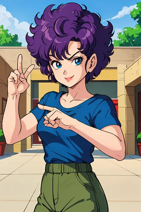 masterpiece, best quality, highest quality, perfect anatomy, perfect face, perfect eyes, (8k, best quality, masterpiece:1.2), outdoors, solo,
<lora:ranfandargonball_smf_lora_02:0.8>, 1girl, rfandball-smf, 1girl, purple hair, solo, short hair, smile, blue eyes, curly hair, lips, retro style, fighting pose, green pants, (blue shirt:1.2)