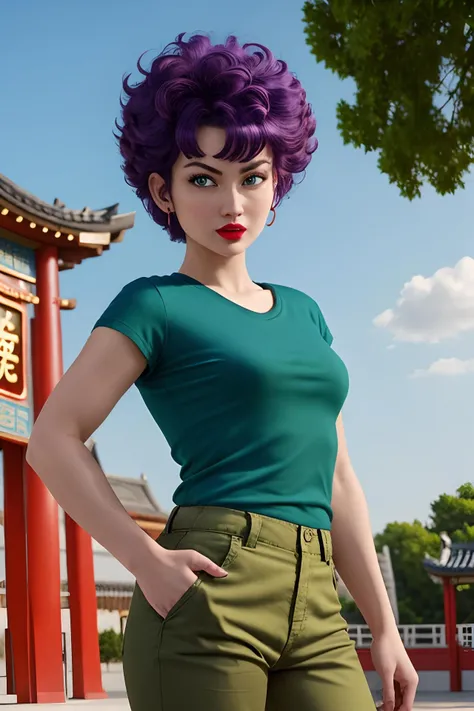 masterpiece, best quality, highest quality, perfect anatomy, perfect face, perfect eyes, (8k, best quality, masterpiece:1.2), outdoors, chinese tournament temple, realistic, cinematic light,
<lora:ranfandargonball_smf_lora_02:0.8>, rfandball-smf, 1girl, purple hair, short hair, blue eyes, curly hair, makeup, lipstick, lips, (blue shirt:1.3), (green pants:1.2)
