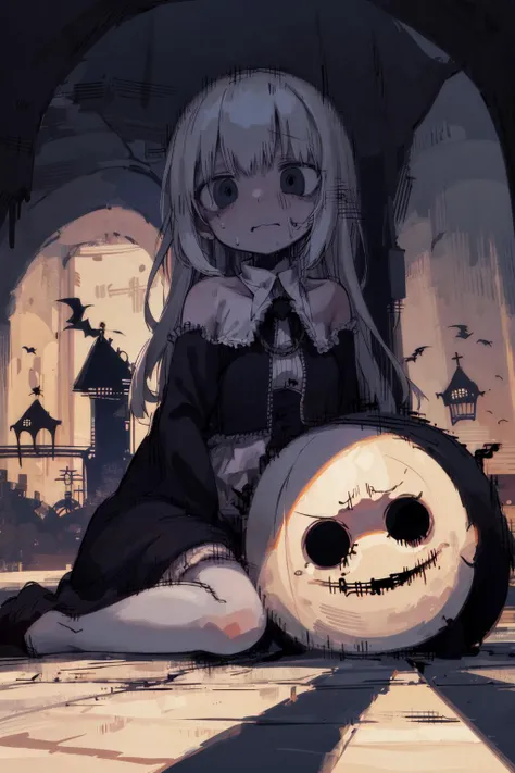 Cute girl, white princess cloth, wariza, on shadow, from bottom, nightmare party, spooky, miserable castle, around mischief shadows and phantoms, frightened face, subconsciousness of death,