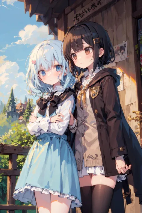 2 Cute girls, magical academy cloak, standing face to face, from bottom, fancy secret garden, embarrassed face, yuri,