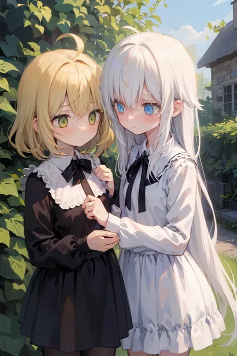 2girls, standing face to face, fancy secret garden, embarrassed face, yuri, yellow hair, ahoge, medium hair, green eyes, small breasts, tall, upper body
AND 2girls, standing face to face, fancy secret garden, embarrassed face, yuri, very long hair, (ahoge:1.1), white hair, blue eyes, petite, , upper body