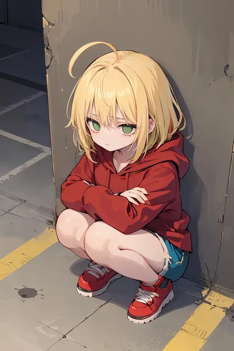 Cute girl, ragged red hoodie, blue shorts, green eyes, ahoge, medium hair, yellow hair, squatting, from above, miserable, ruined village, alley, emotionless, expressionless, red shoes