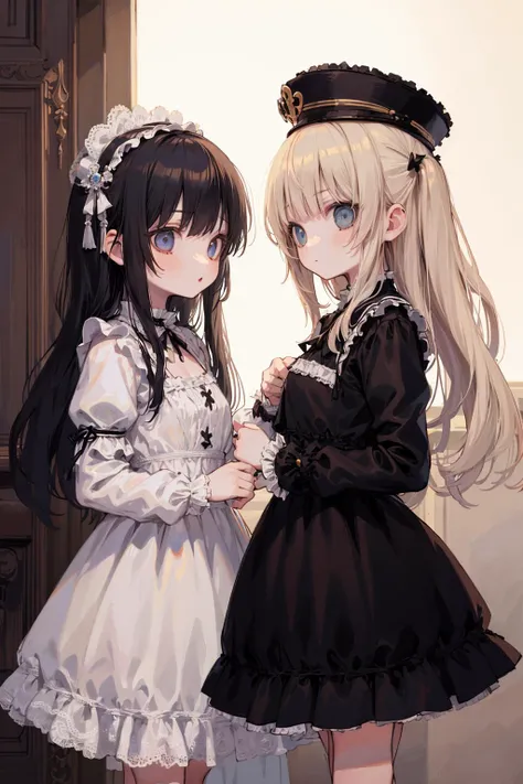 Cute girl,(2girls:1.3), gothic rococo dress,
, stare at each other,