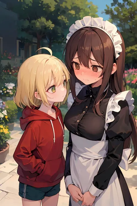 2girls, standing face to face, fancy secret garden, expressionless, yuri, yellow hair, ahoge, medium hair, green eyes, small breasts, upper body, long sidelocks, long bangs, red hoodie, hands in pocket, blue shorts
AND 2girls, standing face to face, fancy secret garden, (embarrassed face:1.3), yuri, very long hair, ahoge, brown hair, brown eyes, medium breasts, upper body, blush, adult, maid outfit, flustered