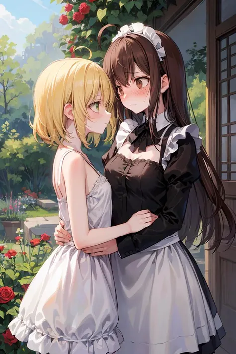 2girls, standing face to face, fancy secret garden, expressionless, yuri, yellow hair, ahoge, (medium hair:1.4), green eyes, small breasts, upper body, roses, (long sidelocks:1.3), long bangs
AND 2girls, standing face to face, fancy secret garden, (embarrassed face:1.3), yuri, very long hair, ahoge, brown hair, brown eyes, medium breasts, upper body, blush, adult, roses, maid outfit