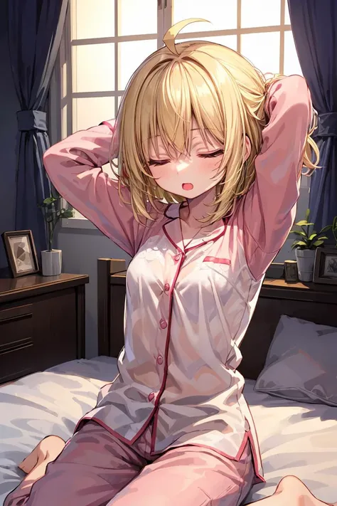 1girl, small breasts, yellow hair, ahoge, medium hair, sleeping shirt, bedroom, bed, pink pajamas, intricate, closed eyes, see-through, ray tracing, sitting, sleepy, windows, arms up, yawning