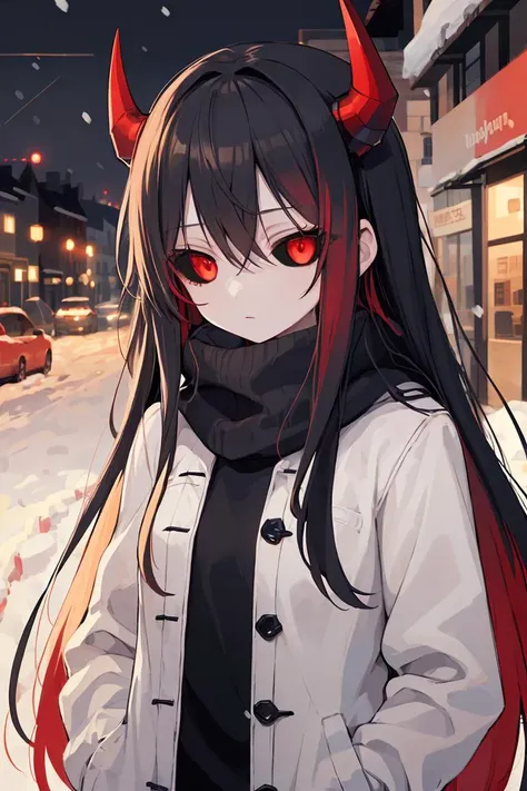 1girl, small breasts, red eyes, black hair with red streaks, very long hair, straight hair, expressionless, cold attitude, winter clothes, cold attitude, red horns, half-closed eyes, adult, pale skin, winter, snow, city, tall, light particles
