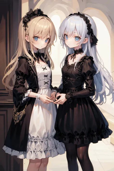 2 Cute girls, gothic rococo dress, stare at each other,