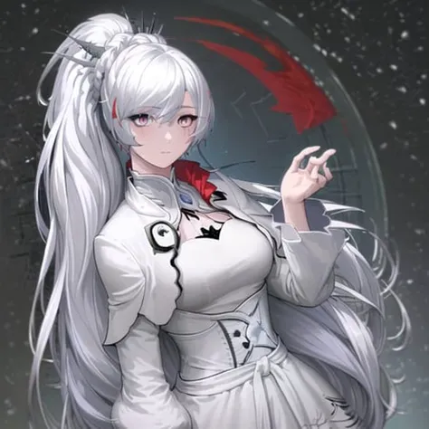 masterpiece, highres, screen shot, best quality, 1girl, (scar on left eye), <lora:Weiss Schnee:0.9>, white cropped jacket, highly detailed, rule of thirds, jewelry, long hair, bangs, hair between eyes