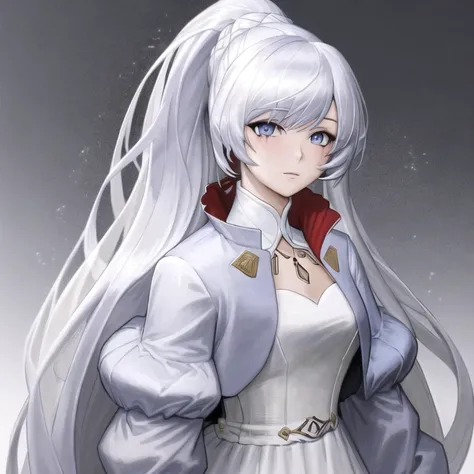masterpiece, highres, best quality, 1girl,(scar on left eye), [WeissSchneeFull:0.7], <lora:Weiss Schnee:0.8>, cropped jacket, highly detailed, rule of thirds, jewelry, long hair, bangs, hair between eyes