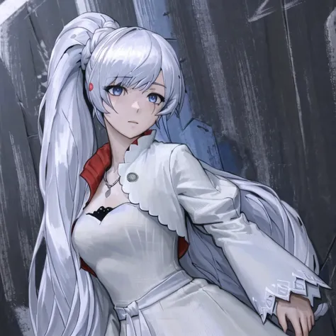masterpiece, highres, screen shot, best quality, 1girl, (scar on left eye), <lora:Weiss Schnee:0.9>, white cropped jacket, highly detailed, rule of thirds, jewelry, long hair, bangs, hair between eyes