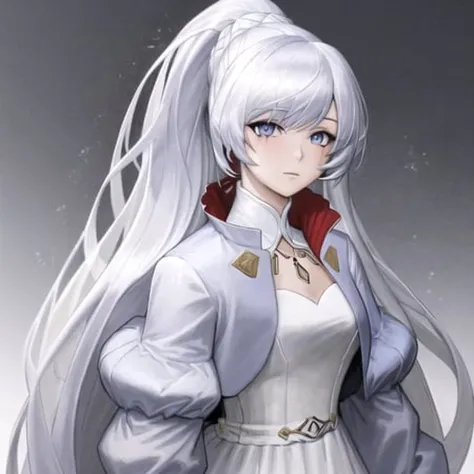masterpiece, highres, best quality, 1girl,(scar on left eye), [WeissSchneeFull:0.7], <lora:Weiss Schnee:0.8>, cropped jacket, highly detailed, rule of thirds, jewelry, long hair, bangs, hair between eyes