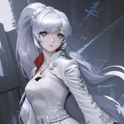 masterpiece, highres, screen shot, best quality, 1girl, (scar on left eye), <lora:Weiss Schnee:0.9>, white cropped jacket, highly detailed, rule of thirds, jewelry, long hair, bangs, hair between eyes