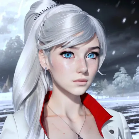 masterpiece, highres, best quality, 1girl, realistic, photorealism, left side profile, (scar on left eye), hyper detailed eyes, [WeissSchneeFull:0.8], <lora:Weiss Schnee:0.9><lora:oliviaDiffusion_olivia:0.6>, (snowstorm background), highly detailed, white hair, white jacket, side side ponytail on right of head, scowling, rule of thirds, jewelry, long hair, bangs, hair between eyes