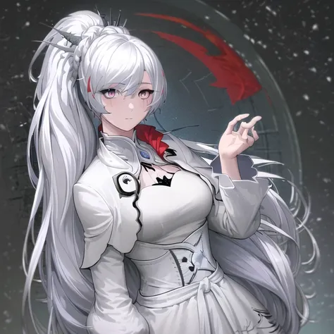 masterpiece, highres, screen shot, best quality, 1girl, (scar on left eye), <lora:Weiss Schnee:0.9>, white cropped jacket, highly detailed, rule of thirds, jewelry, long hair, bangs, hair between eyes