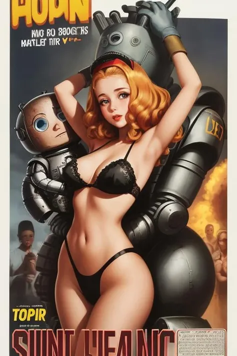 1girl hugging a robot vintage_movie_posters <lora:vintage_movie_posters_v1-000036:0.6>