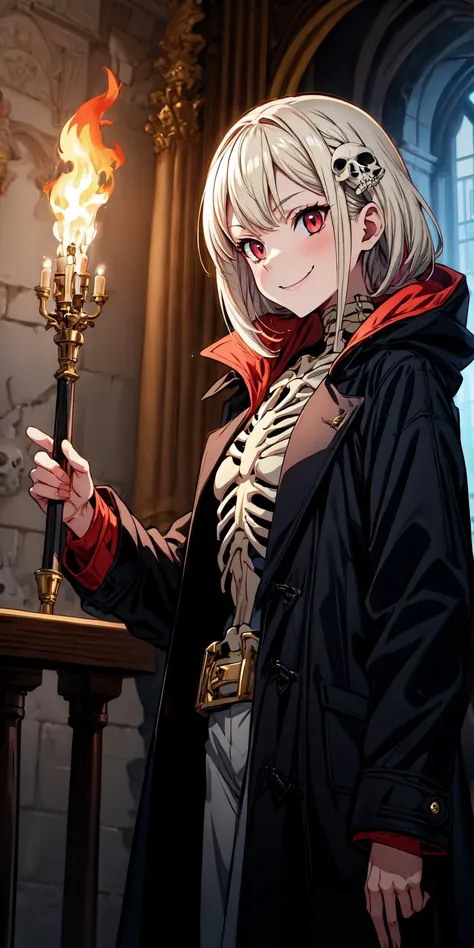 masterpiece, best quality, skeleton style, 1girl, solo, indoors, castle, light, torch, professional light, colorful, ultra detailed, demonic smile, skull, anime style, long coat, black coat, open shirt, fire <lora:skeleton:0.4>, <lora:add_detail:1>