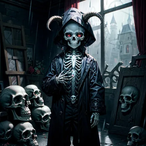 gloving red eyes,rain,standing outside,graveyard,masterpiece, best quality, skeleton style, solo, indoors, castle, light, professional light, colorful, ultra detailed, demonic evil smile, skull, anime style, long coat, black coat, open shirt, <lora:skeleton:0.4>, <lora:add_detail:1>, (6 Years Old, AS-Youngest)