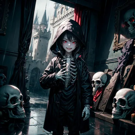 gloving red eyes,rain,standing outside,graveyard,masterpiece, best quality, skeleton style, solo, indoors, castle, light, professional light, colorful, ultra detailed, demonic evil smile, skull, anime style, long coat, black coat, open shirt, <lora:skeleton:0.4>, <lora:add_detail:1>, (6 Years Old, AS-Youngest)