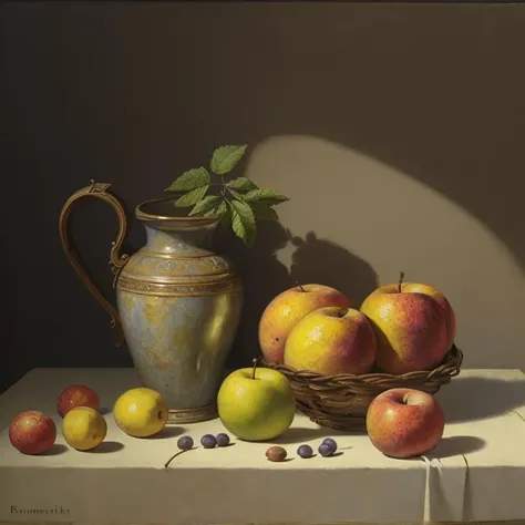 OIL PAINTING,IMPRESSIONISM,(masterpiece, best quality, ultra-detailed, best shadow),(detailed background),old,realistic ,(Rembrandt light), no humans,(still_life:1.1), fruit ,flowers<lora:still_life_v3:0.8>