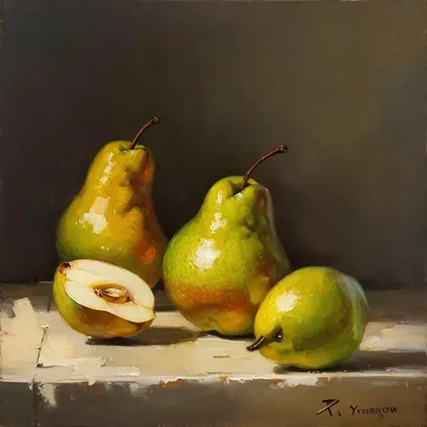 OIL PAINTING,IMPRESSIONISM, 3 pear on canvas by irina yrmolova,<lora:bichu-v0612 :0.6> BICHU, <lora:still_life_v3:0.5>