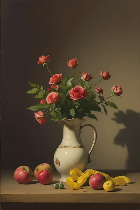 OIL PAINTING,IMPRESSIONISM,(masterpiece, best quality, ultra-detailed, best shadow),(detailed background),old,realistic,(Rembrandt light),no humans,(still_life:1.1),fruit,flowers,<lora:still_life_v3:0.8>,