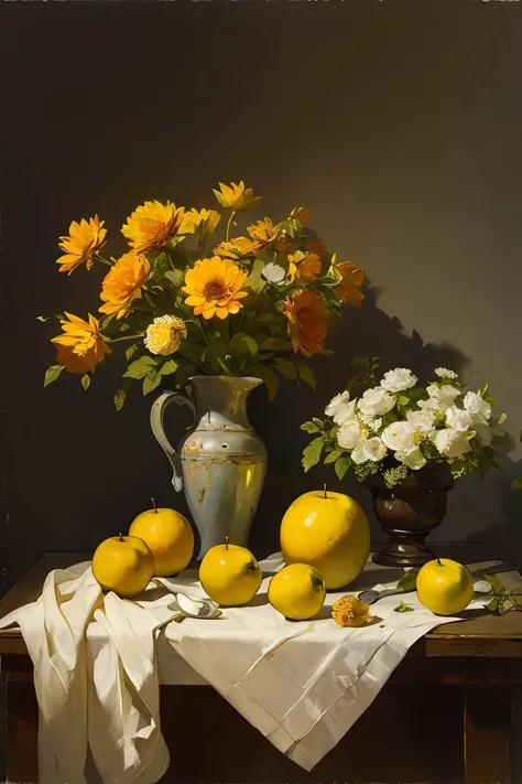 OIL PAINTING,IMPRESSIONISM,(masterpiece, best quality, ultra-detailed, best shadow),(detailed background),old,realistic ,(Rembrandt light), no humans,(still_life:1.1), fruit ,flowers,<lora:still_life_v3:0.8>