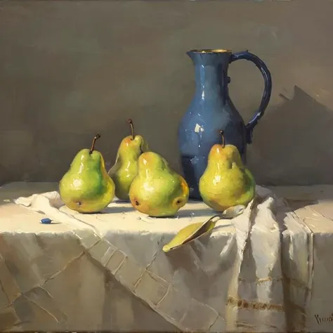 OIL PAINTING,IMPRESSIONISM, 3 pear,cake,  on canvas by irina yrmolova,<lora:bichu-v0612 :0.6> BICHU, <lora:still_life_v3:0.5>