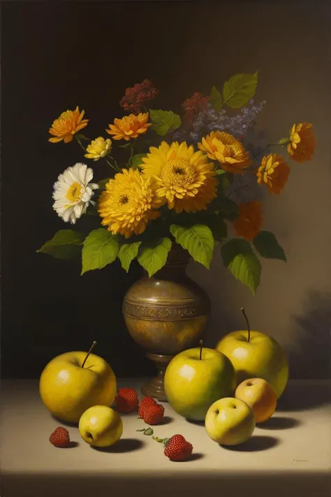 OIL PAINTING,IMPRESSIONISM,(masterpiece, best quality, ultra-detailed, best shadow),(detailed background),old,realistic ,(Rembrandt light), no humans,(still_life:1.1), fruit ,flowers,<lora:still_life_v3:0.8>