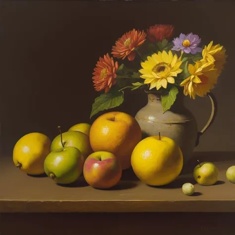 OIL PAINTING,IMPRESSIONISM,(masterpiece, best quality, ultra-detailed, best shadow),(detailed background),old,realistic ,(Rembrandt light), no humans,(still_life:1.1), fruit ,flowers<lora:still_life_v3:0.8>