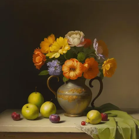 OIL PAINTING,IMPRESSIONISM,(masterpiece, best quality, ultra-detailed, best shadow),(detailed background),old,realistic ,(Rembrandt light), no humans,(still_life:1.1), fruit ,flowers<lora:still_life_v3:0.8>