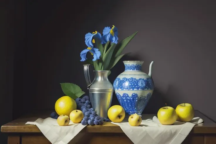 (masterpiece),(best quality),(still_life:1.3),no humans,simple background,old,realistic ,Rembrandt lights,pottery jar ,(sunflower:0.8),apple,(blue iris),grapes,lemon,corn,
BREAK
8K, Ultra-HD, hyper-realistic, vibrant, 8k, detailed, ultra detail, soothing tones, muted colors,
<lora:still_life_v3:0.8>,