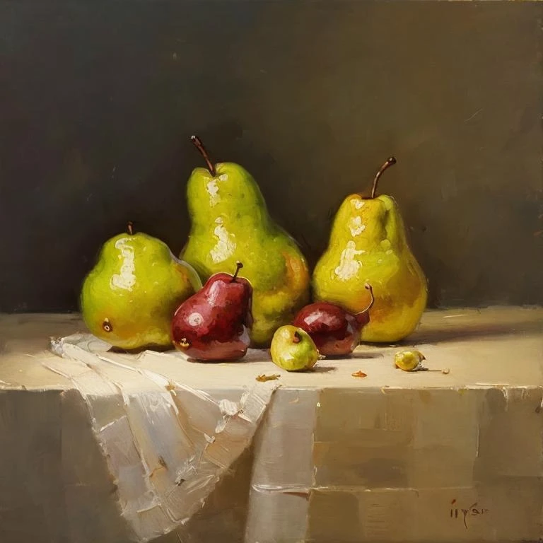 OIL PAINTING,IMPRESSIONISM, 3 pear on canvas by irina yrmolova,<lora:bichu-v0612 :0.6> BICHU, <lora:still_life_v3:0.5>