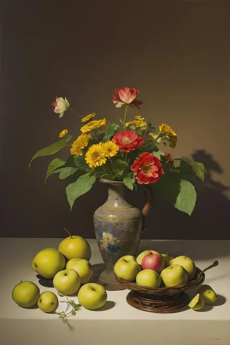 OIL PAINTING,IMPRESSIONISM,(masterpiece, best quality, ultra-detailed, best shadow),(detailed background),old,realistic,(Rembrandt light),no humans,(still_life:1.1),fruit,flowers,<lora:still_life_v3:0.8>,