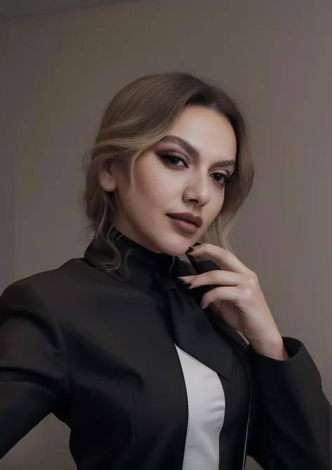 1 woman, wearing black jacket, white shirt, black tie, magazine cover, posing for camera, directly looking to the camera, <lora:hadise:1>, <lora:detail_slider_v4:1>