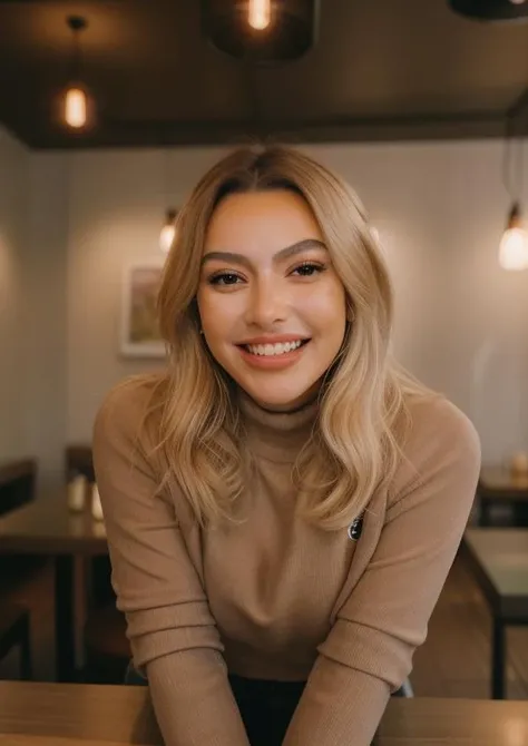 1woman, in a coffee shop, wearing a sweat, smiling to the camera, wide angle, realistic face, realistic smile, masterpiece, a latte on the table, some lights in the background, <lora:hadise:1>