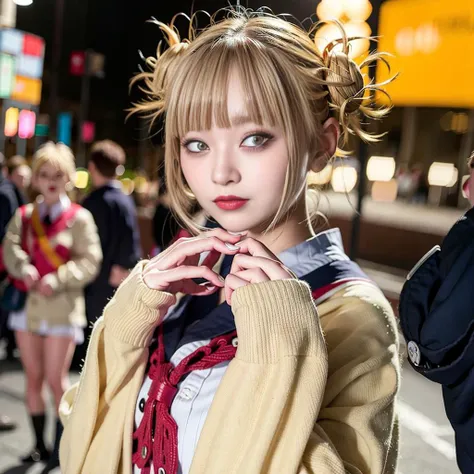 1girl,cosplay, <lora:toga himiko:1>,toga himiko,eyes makeup,beautiful red eyes shadow makeup, shcool uniform,golden hair,japan cityscape, <lora:japaneseDollLikeness_v10:0.6>,smile,excited,(photorealistic:1.4),detailed background, detailed shadow,camera bokeh,full body,looking at viewer,movie,