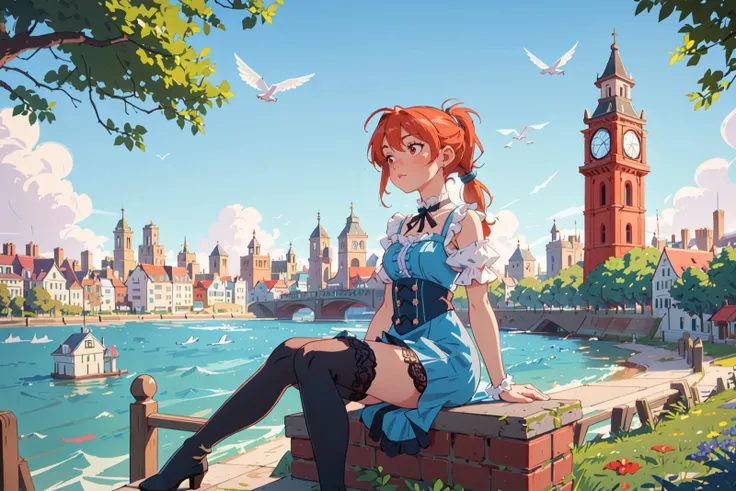 a colorful Victorian City, trees, clock tower, skyline, sea port, blue sky with cloud, seagull, a sitting girl looking at the city with her ginger braided ponytail over shoulder, tight dress, laces, pelvic curtain, thigh highs, small breasts, red eyes, jewelry